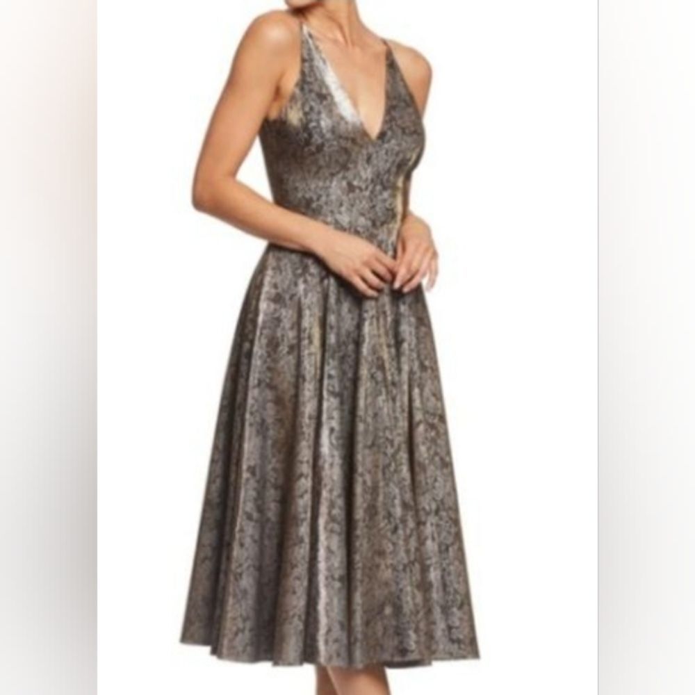 Dress the Population Delilah Plunging Jacquard Fit & Flare Midi Dress size S